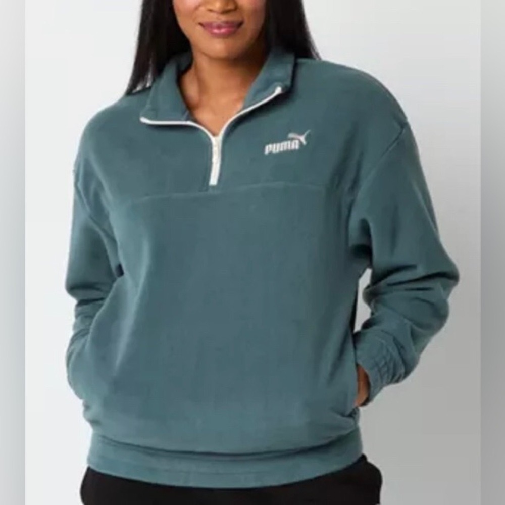 Puma Women's L Fleece Quarter-Zip Pullover Teal Comfort Fit Athleisure Gorpcore